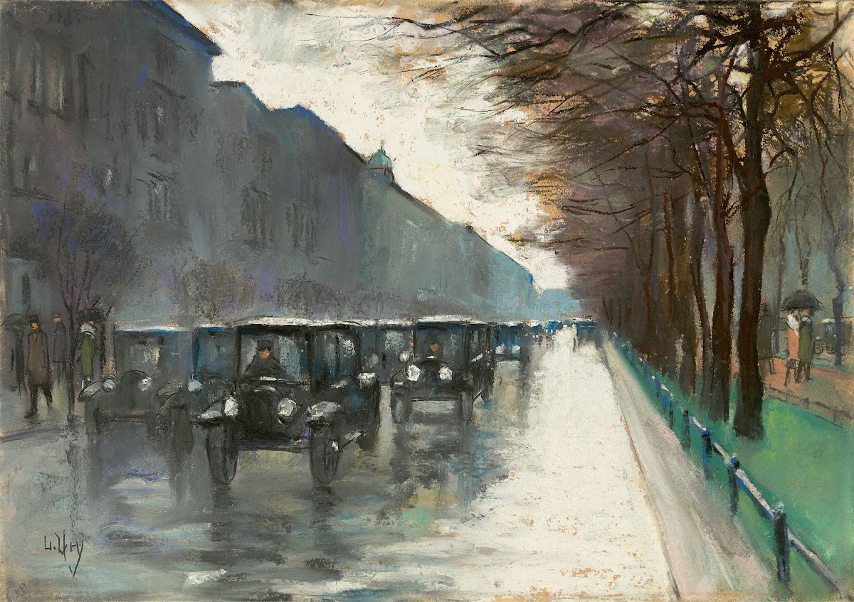 Unter den Linden mit Droschken im Regen