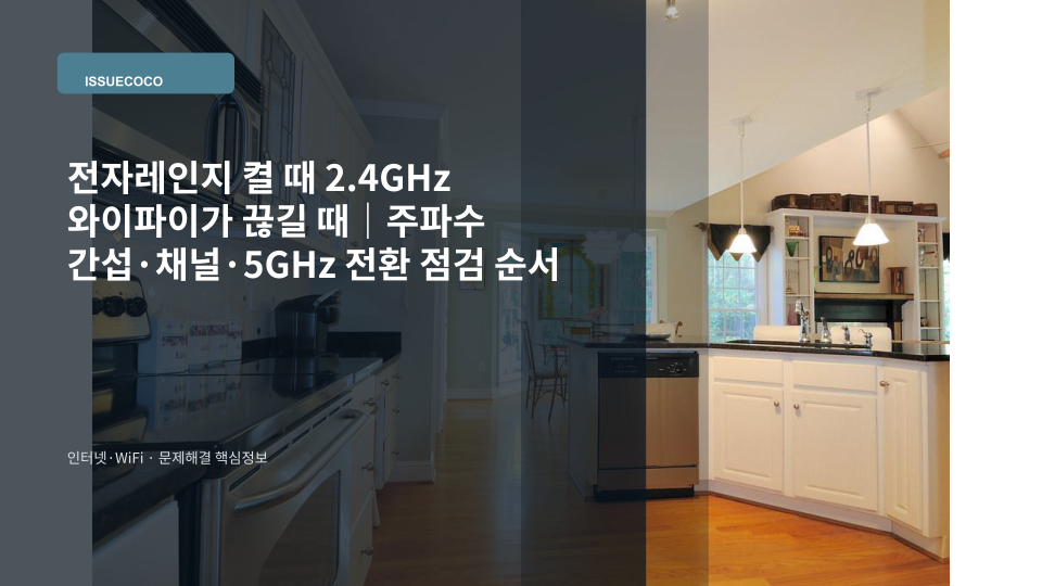 전자레인지 사용 중 2.4GHz 와이파이가 끊기는 상황과 공유기를 함께 보여주는 점검 이미지