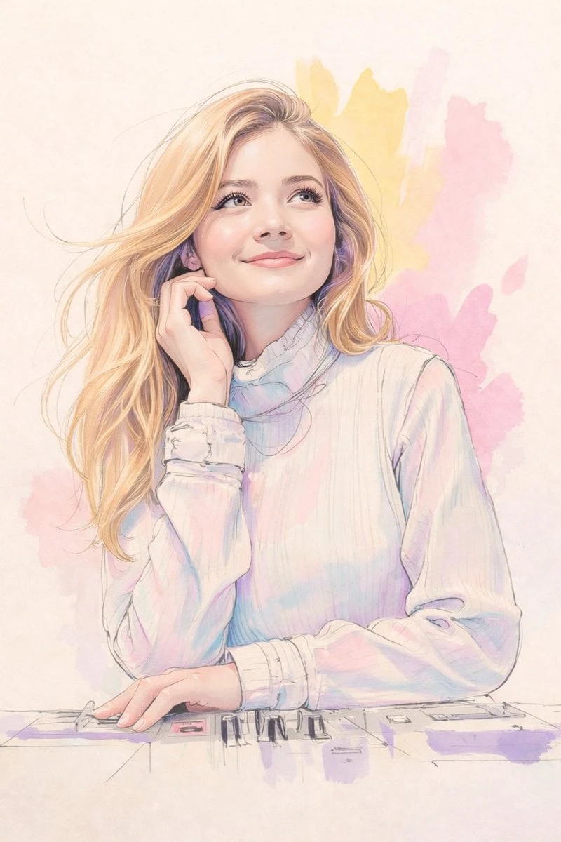 Una ilustración digital en acuarela de tonos pastel de una joven con larga melena rubia y ondulada, sonriendo dulcemente...