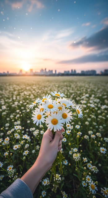 Hand Holding Daisies in Wildflower Field at Sunset - Free mobile Wallpaper