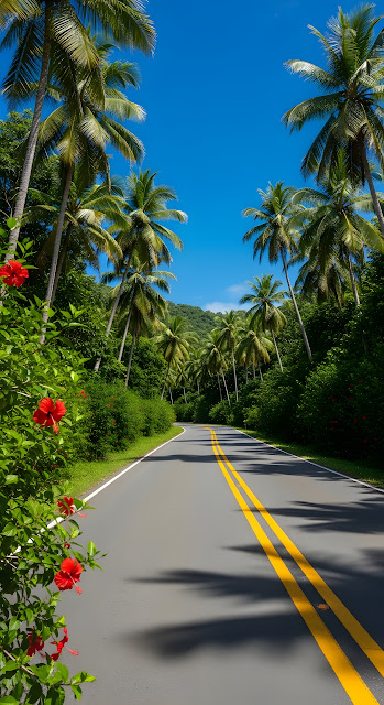 Sunny Tropical Drive Under Blue Sky Framed by Palm Trees - Free mobile Wallpaper