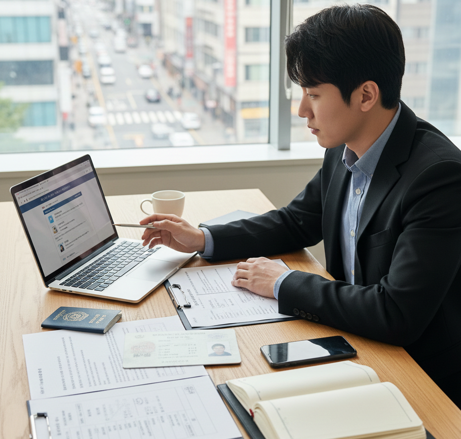 중국 배우자 거류증 준비 단계에서 여권과 신청 서류를 펼쳐 두고 제출 항목을 점검하는 상담 장면