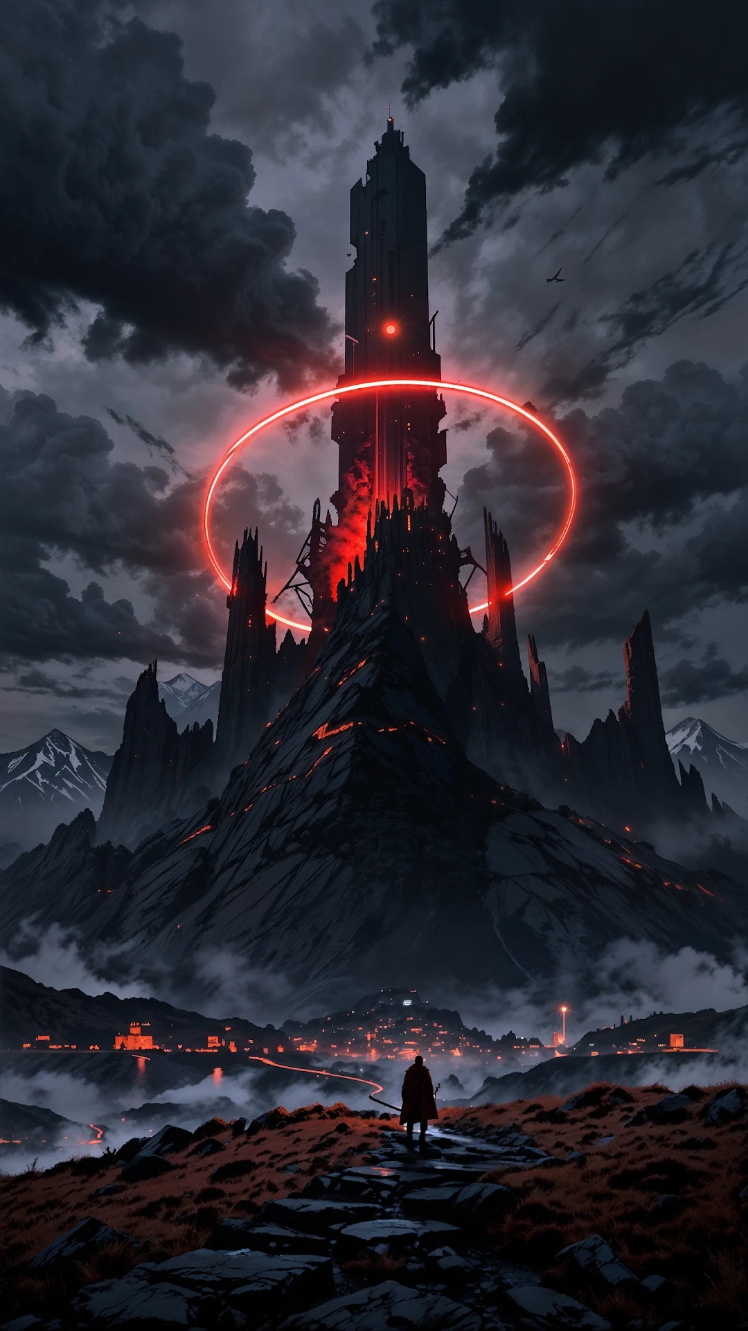 Lone Figure Before Tower with Glowing Red Ring - Free 4K mobile Wallpaper