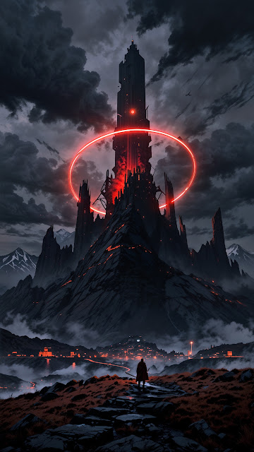 Lone Figure Before Tower with Glowing Red Ring - Free mobile Wallpaper