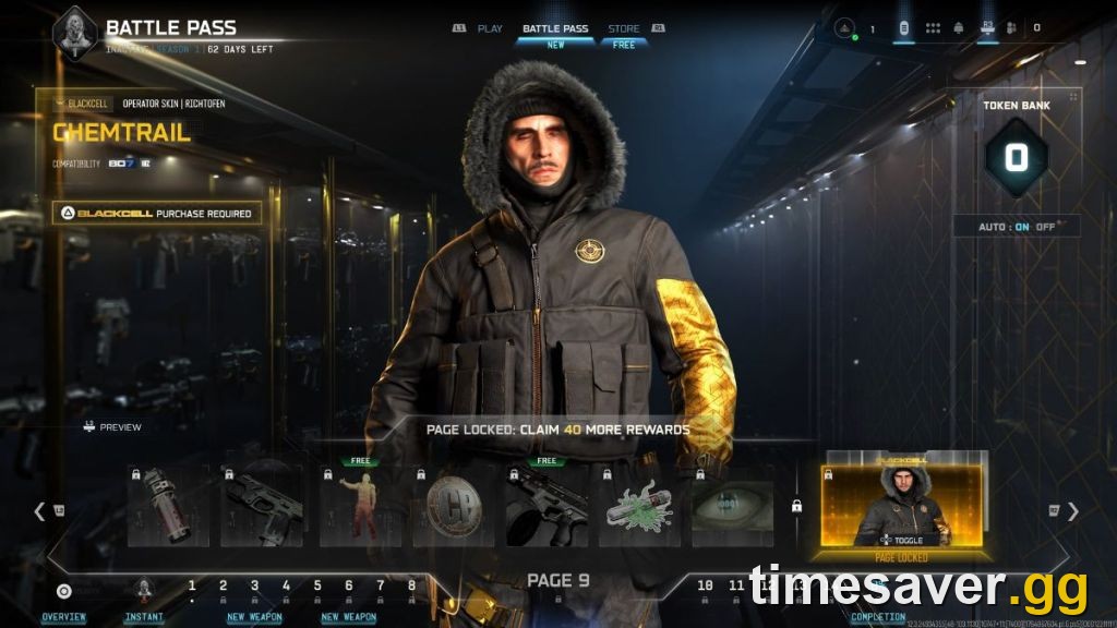 Black Ops 7 Battle Pass Page 9 screen showing the Token Bank, locked reward nodes and a COD Points (CP) reward tier