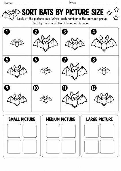 Bat Picture Size Sorting Worksheet