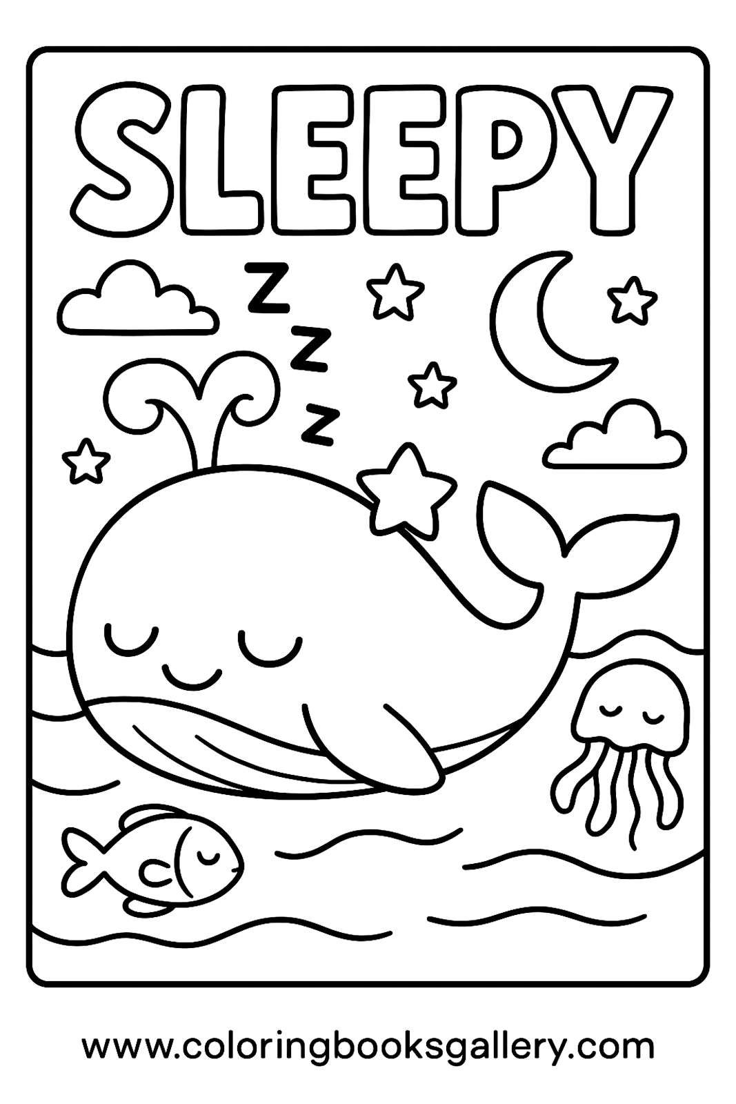 Sleepy Whale Coloring Page for Kids – Simple Emotional Learning Printable Line Art – printable coloring page