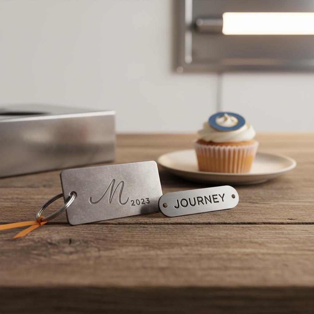 Nahaufnahme personalisierter Metallgeschenke auf rustikalem Holztisch mit Gravur: Schlüsselanhänger, Metallschild und Vanillekuchen-Dekor – lustige Sprüche für Bauarbeiter