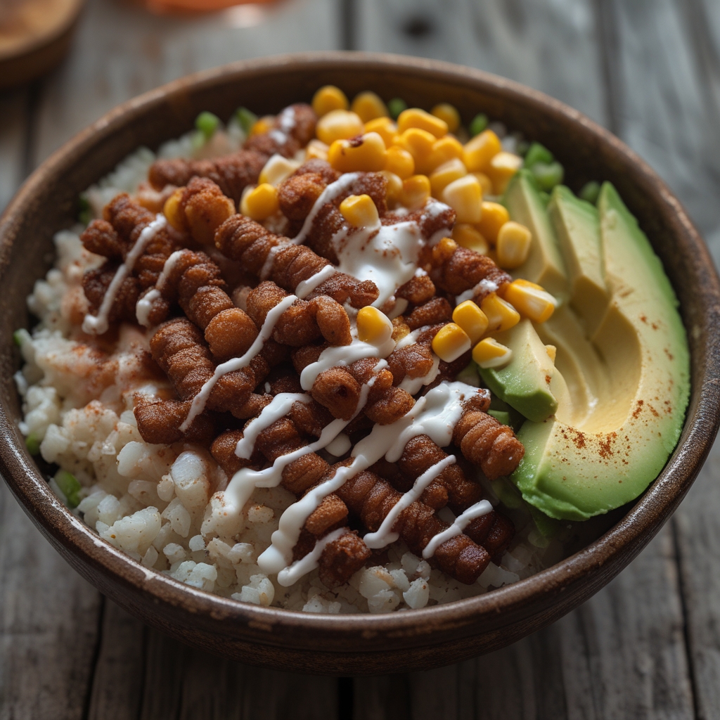 Smoky Mexican Soy Curl Carne Asada Protein Bowls with Lime Crema