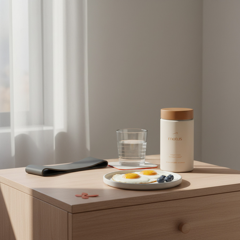 Minimalist bedside scene with Motus supplement bottle, glass of water, workout band and plate of eggs and berries for weight loss — phentermine