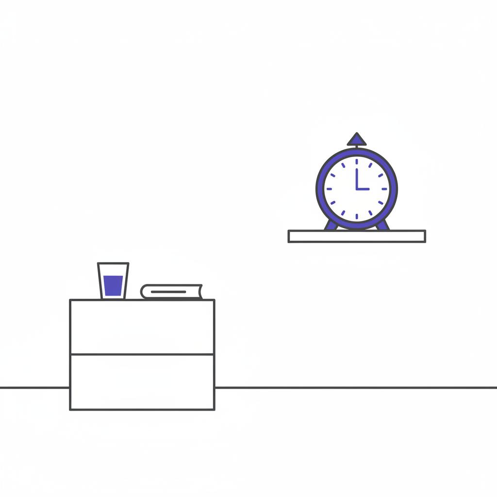 Minimal 2D vector illustration of a bedside table and an analog alarm clock placed across the room showing one alarm set visualizing bedtime hygiene with brand colors