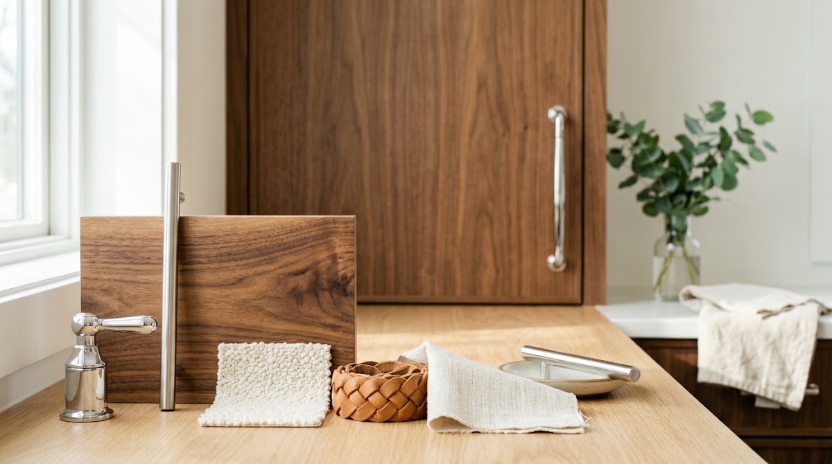 How to Pair Chrome Hardware With Warm Wood Cabinets - chrome wood textile and neutral color palette mood board