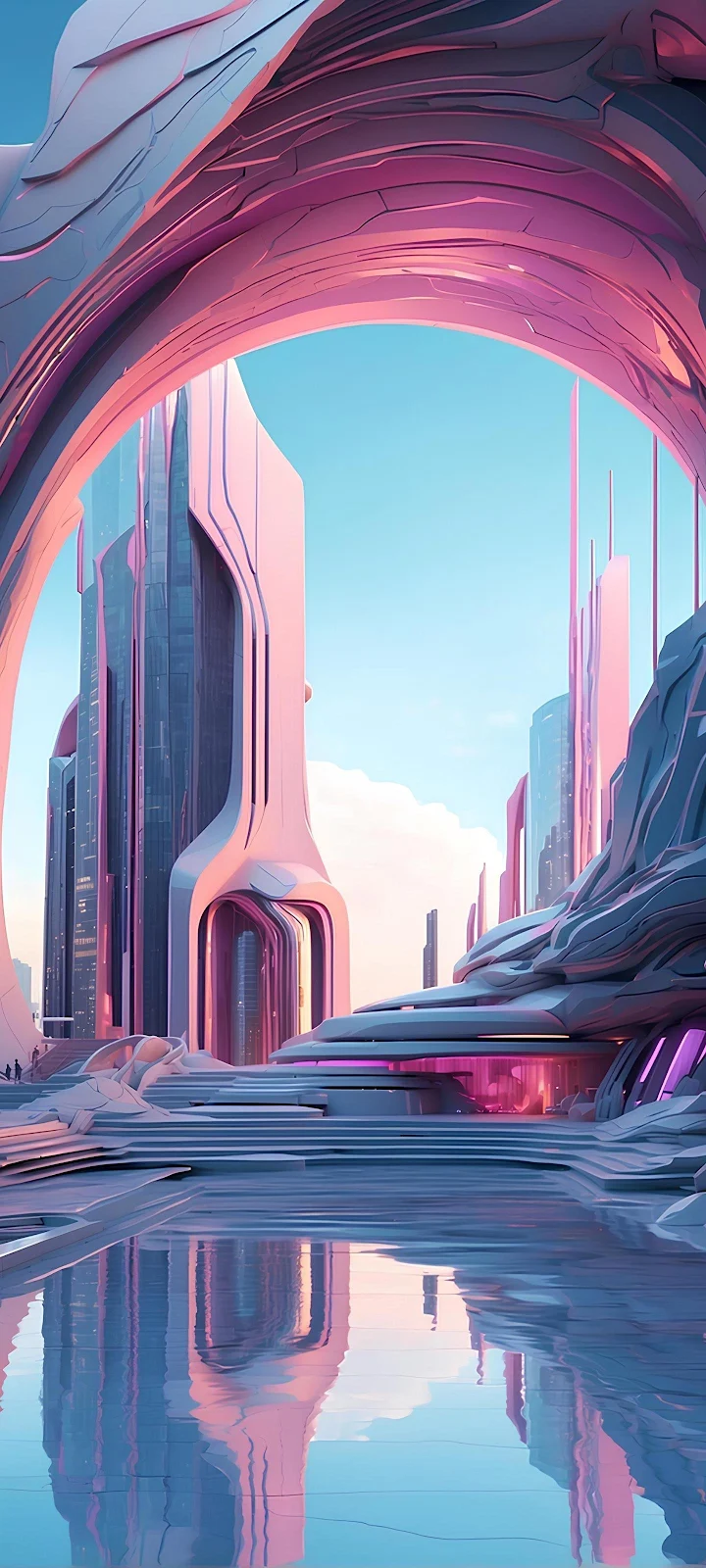 Futuristic City Under Pink Arch - Sci-Fi Digital Art 2K iPhone Wallpaper (1440x3200)