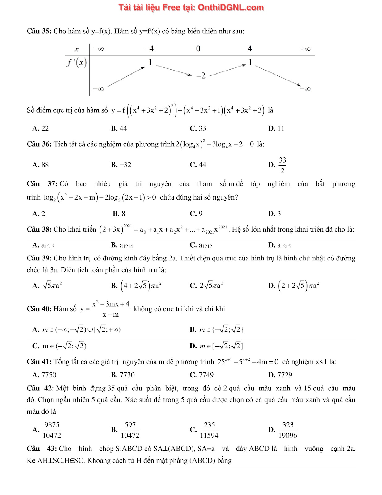 475 bài tập môn Toán - Ôn thi ĐGTD ĐH Bách Khoa Hà Nội Phần 18