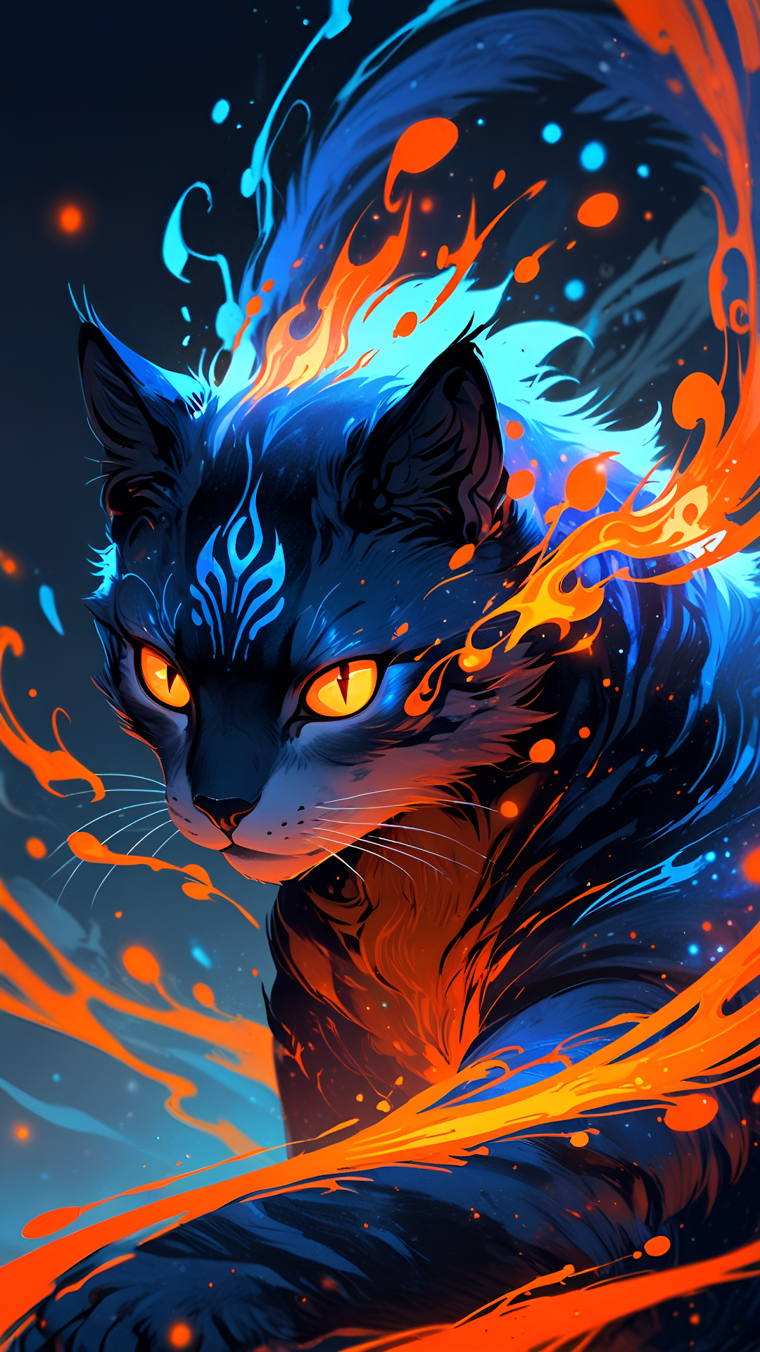 Mythic Cat with Fire and Ice Aura in Cosmic Darkness - Free 4K mobile Wallpaper