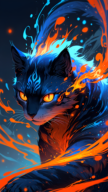 Mythic Cat with Fire and Ice Aura in Cosmic Darkness - Free mobile Wallpaper
