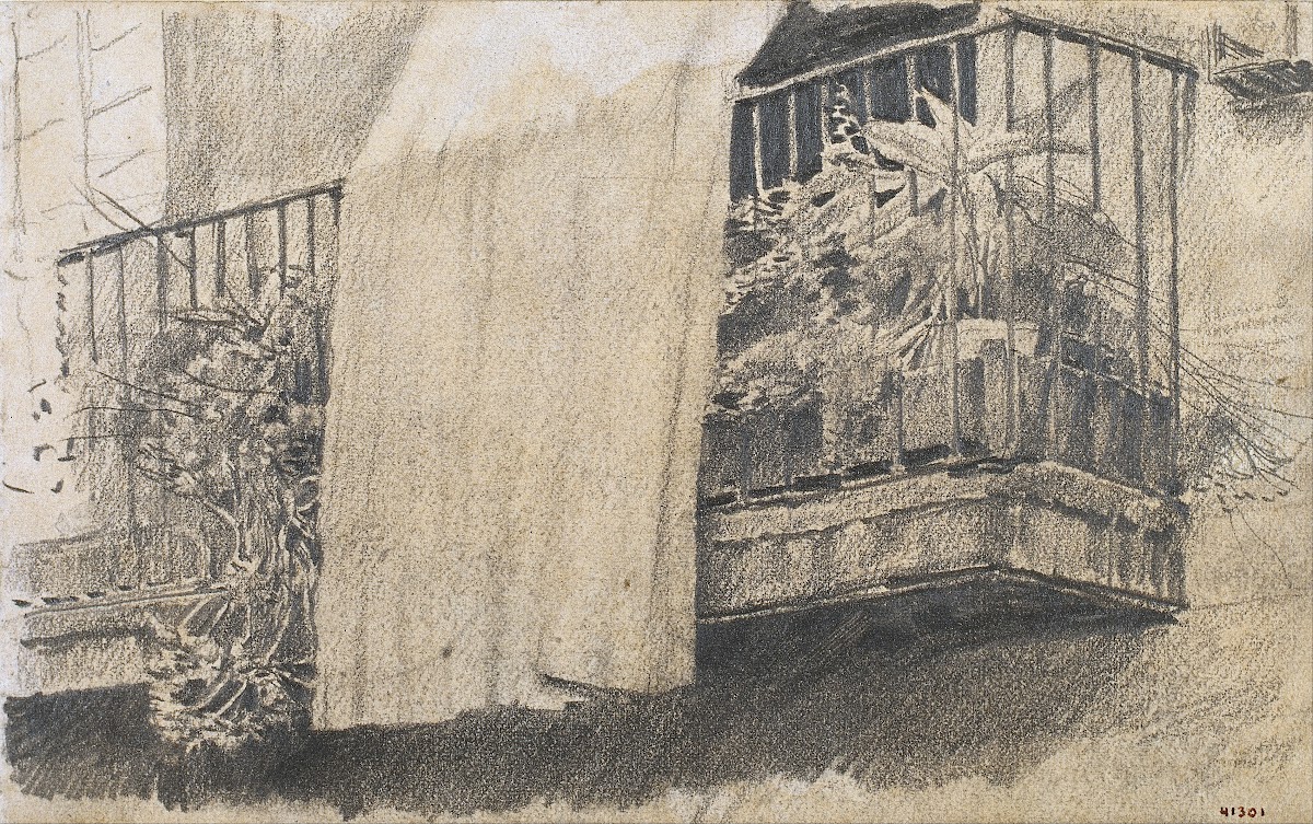 Balcony with Flowers and Curtain 1880 1885