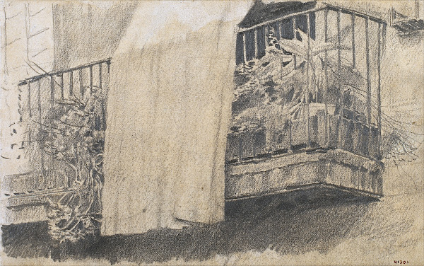 Balcony with Flowers and Curtain 1880 1885