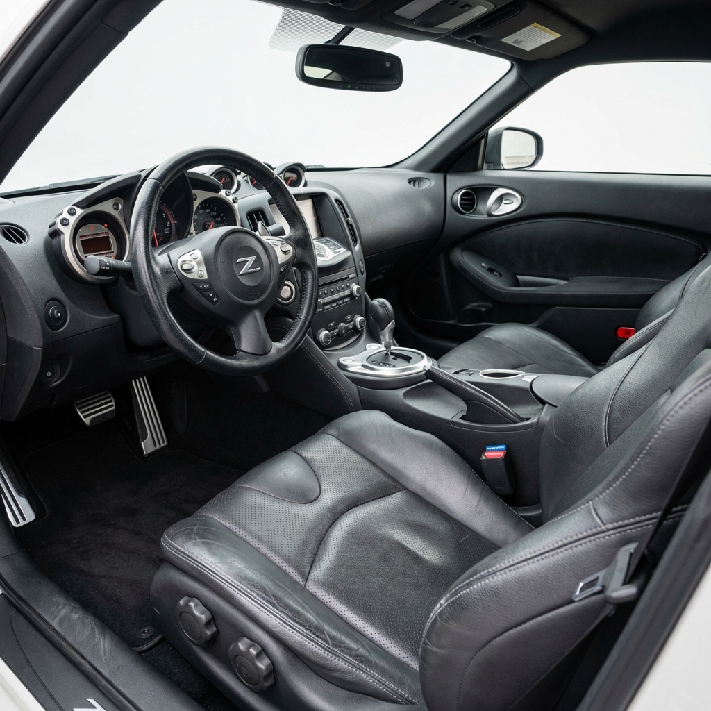 Close interior view of a Nissan 370z for sale showing drivers seat steering wheel dashboard and center console highlighting interior wear and accessory condition