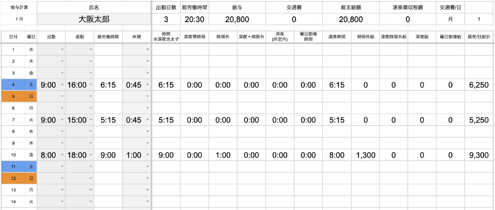 月別シートに数日分の出退勤を入力し、右側の列に深夜・時間外・曜日割増の内訳が計算されている画面