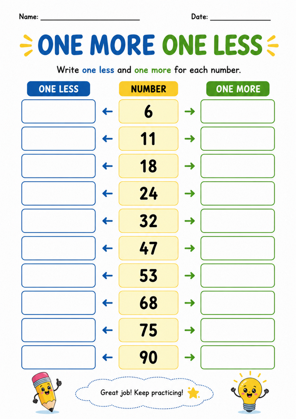 One More One Less Worksheet