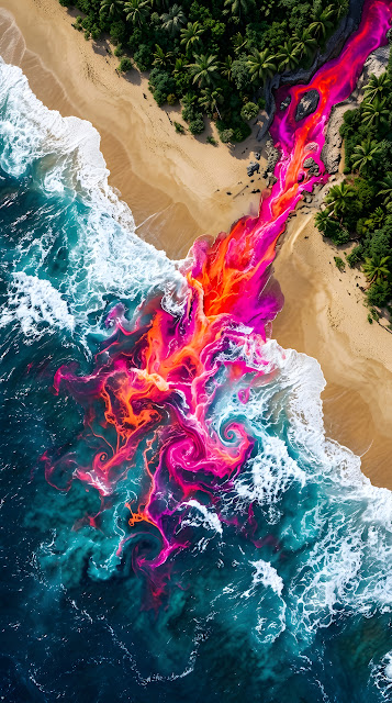 Abstract Aerial Beach with Neon Pink and Orange Fluid - Free mobile Wallpaper
