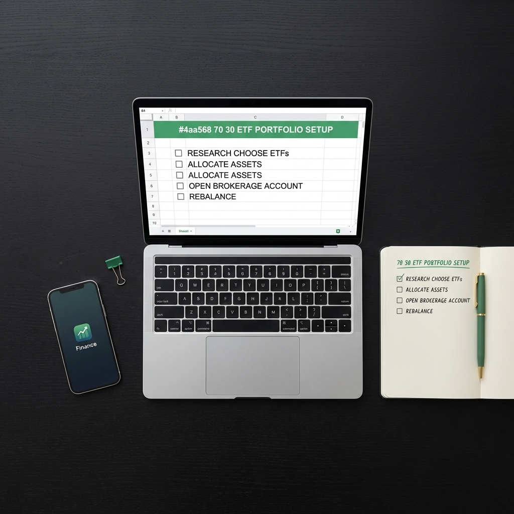 Minimalist desk flat lay with laptop and notebook checklist showing steps to set up a 70 30 ETF portfolio how to start an etf in Finance Police brand colors