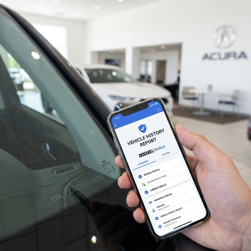 Close up of VIN on windshield and a hand holding a phone showing a vehicle history report at an acura car dealership, minimalist white background and subtle blue accents