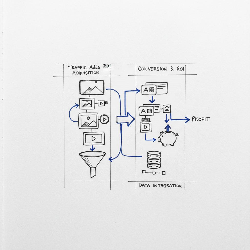 Close-up sketched marketing funnel with prospecting and retargeting lanes, image and video ad thumbnails and server icons implying CAPI, subtle #1a5bfb accents &mdash; Facebook ads ROI