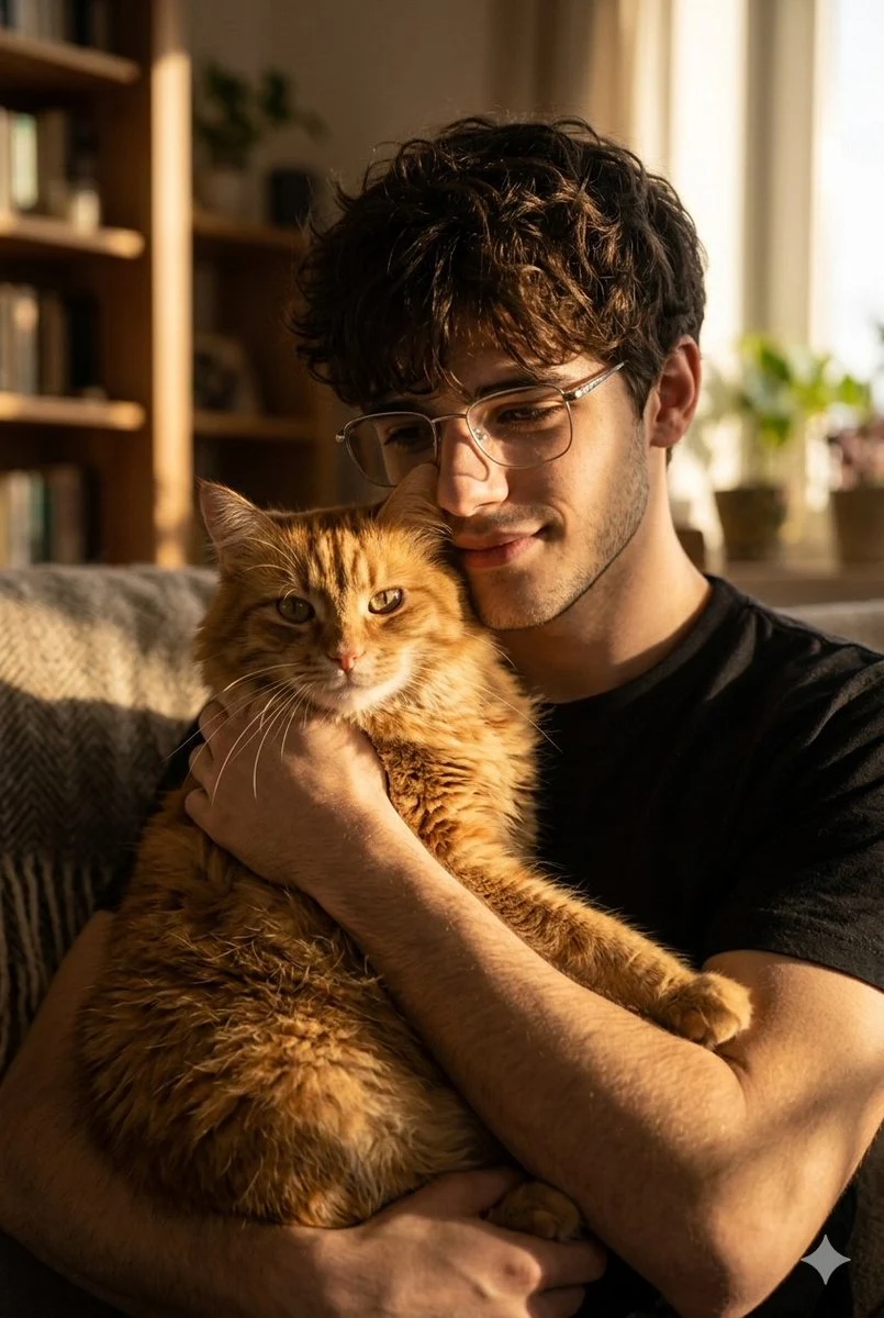 Retrato de un hombre abrazando a un gato pelirrojo