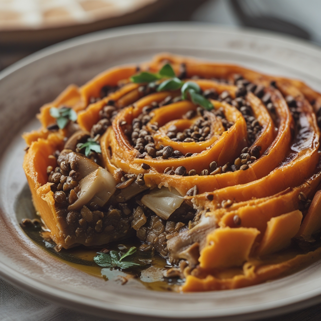 Final Spicy Miso-Glazed Lentil & Mushroom Shepherd's Pie with Sweet Potato Swirl
