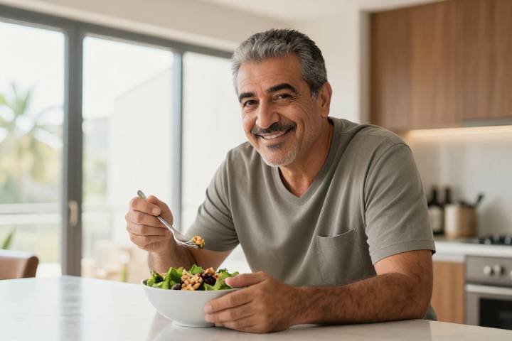 رجل في سن كبار السن يمارس حياة صحية ويتناول وجبة مغذية