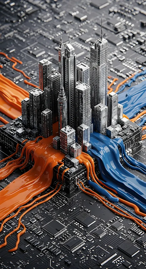 Miniature City Skyscrapers Circuit Board Orange Blue Flow