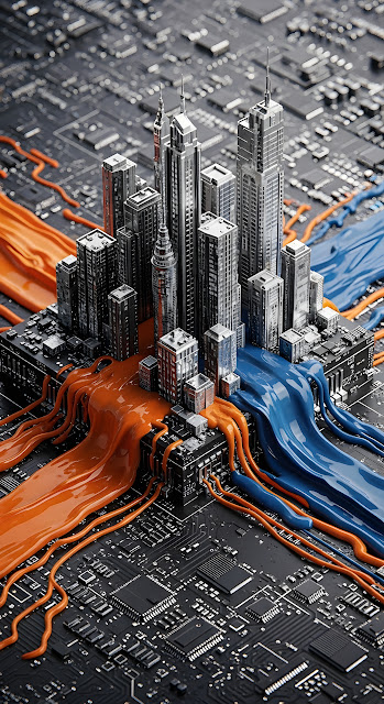 Miniature City Skyscrapers Circuit Board Orange Blue Flow - Free mobile Wallpaper