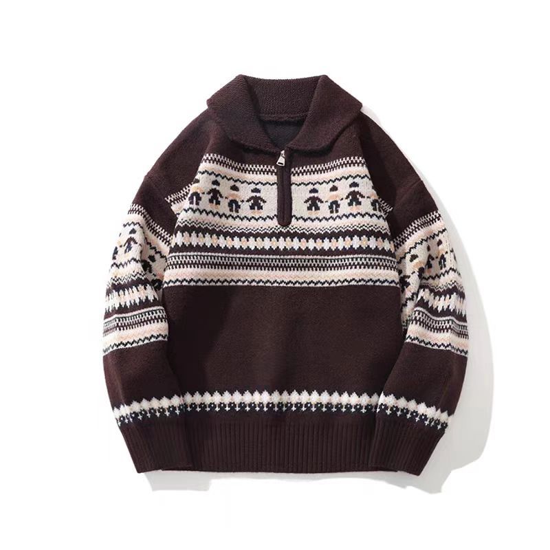 Unisex Strickpullover mit Reißverschluss und Schneemann-Motiv