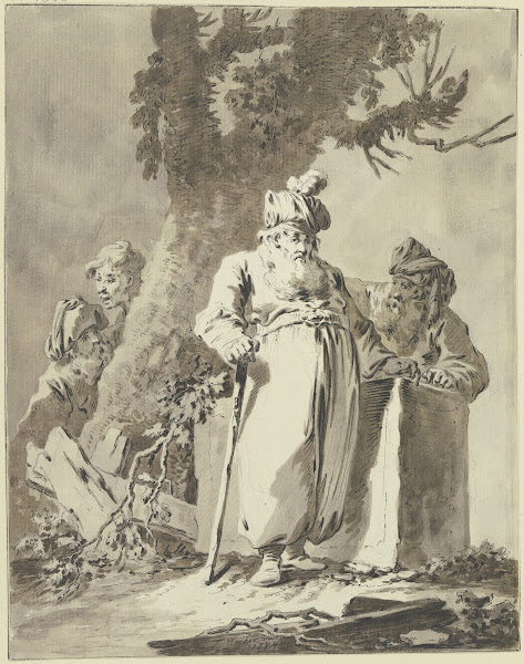 Zwei Magier an einem Steinblock stehend in der Betrachtung am Boden beieinander