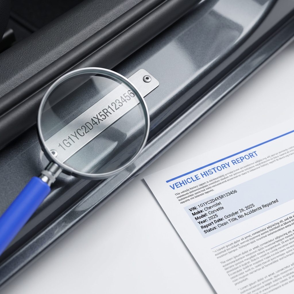 Close up of VIN plate on car door frame with magnifying glass and printed vehicle history report on white background with blue accents second hand auto near me