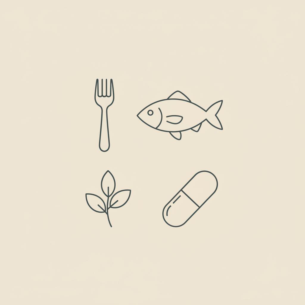 Minimalist Tonum-style line illustration of a fork, fish, sprig of greens and capsule on a beige background representing a metabolic food plan.