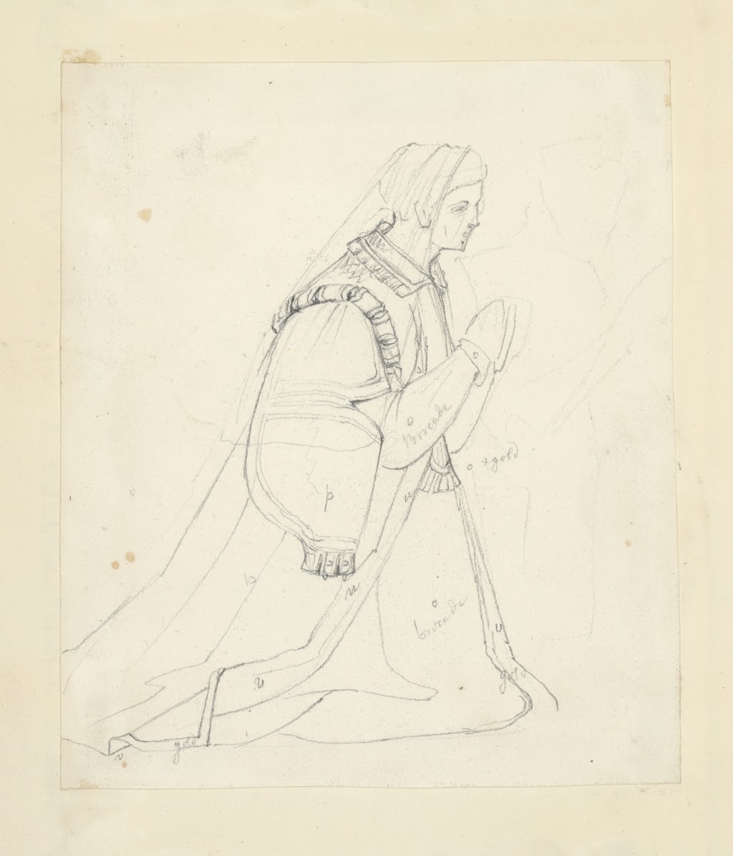 Woman wearing veil kneeling in prayer 1840