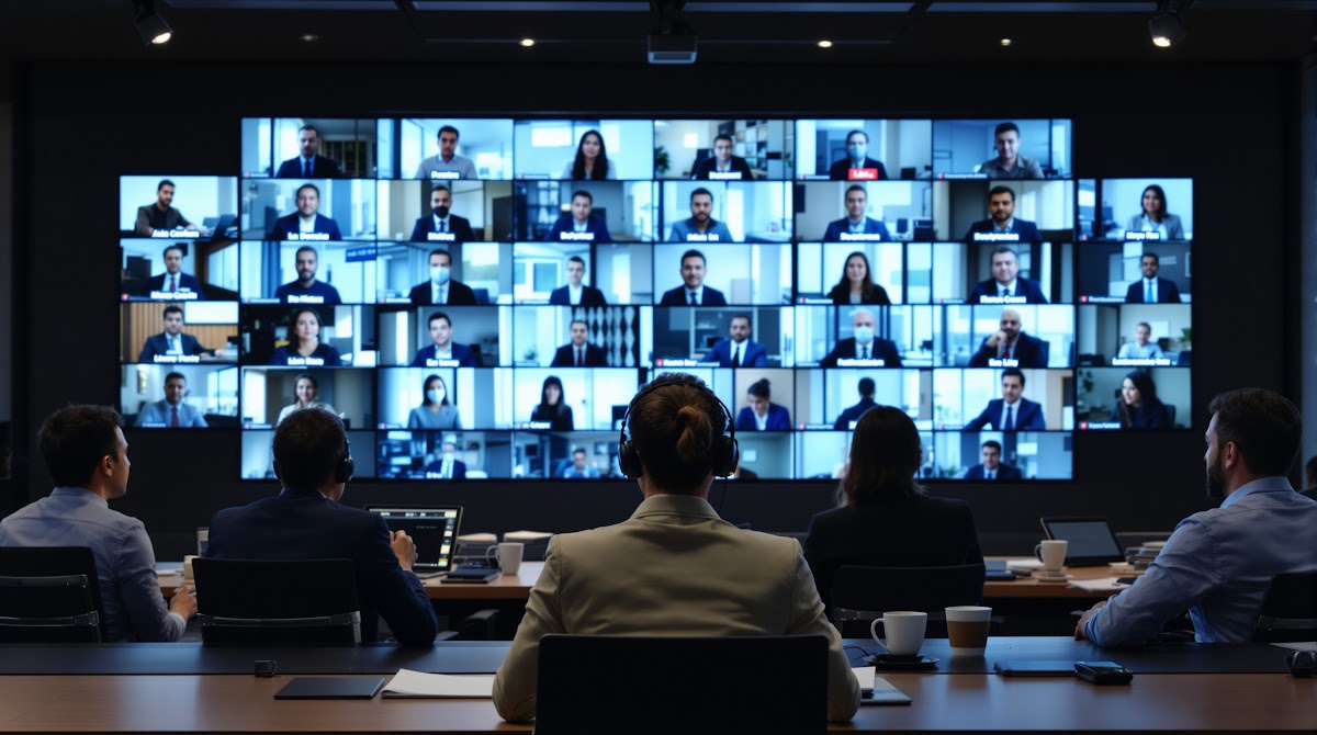 스페인어통역  글로벌 기업과 다양한 기관이 참여하는 대규모 화상 회의에서 스페인어통역이 실시간으로 제공되는 모습, 디지털 플랫폼과 인간 통역사가 협력하는 협업 환경, 성장하는 언어 서비스 시장의 역동성