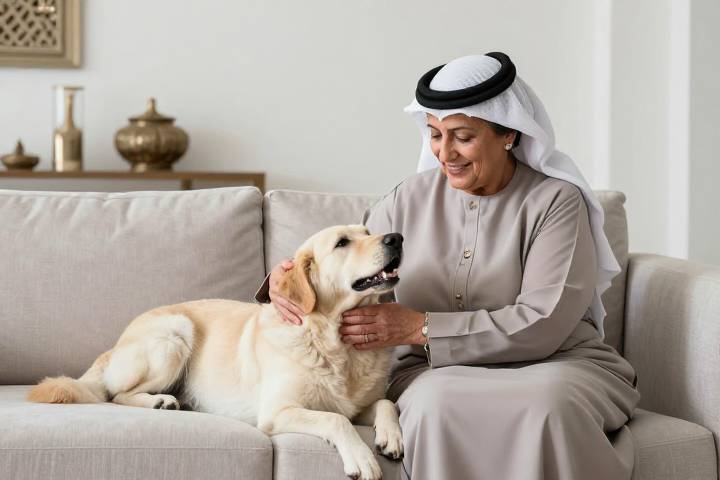 امرأة عربية مسنة تداعب كلبها في المنزل