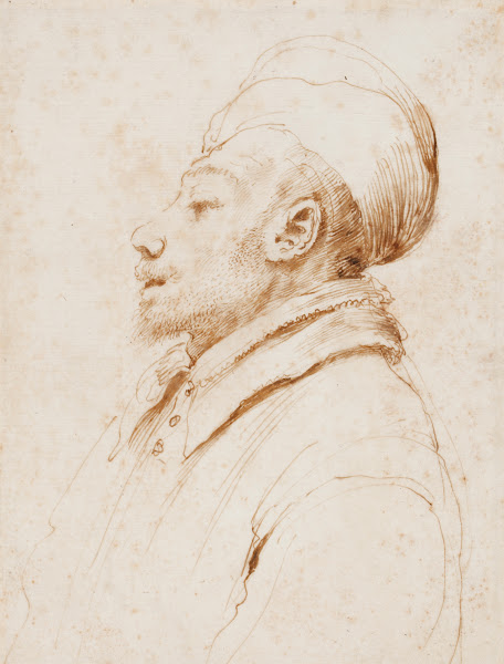 Karikatur eines Mannes im Profil nach links ca 1635 1640