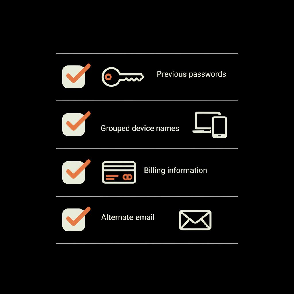 Minimal 2D vector checklist infographic with icons (key, devices, credit card, envelope) representing account recovery steps — how to regain access to Hotmail account