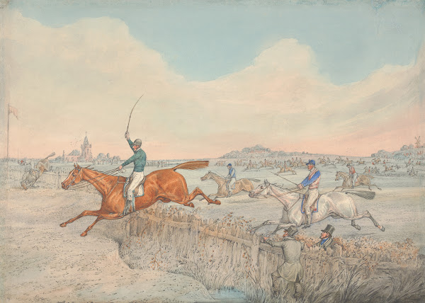 Steeplechasing Two Riders Taking a Wooden Fence