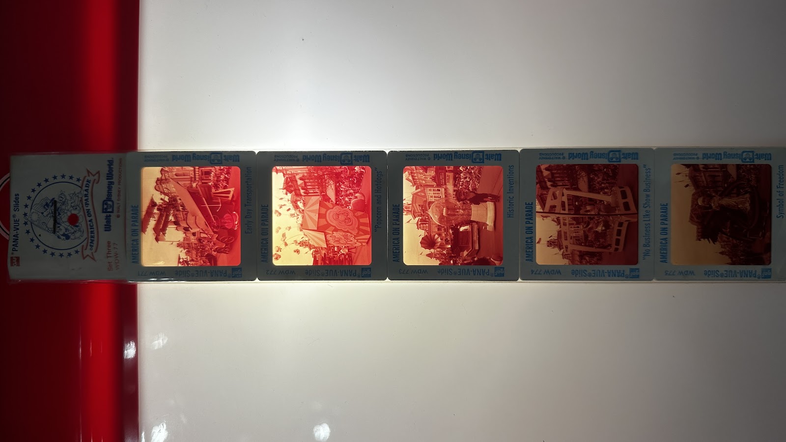 GAF Pana-Vue 35mm slide set in original packaging for America on Parade Set Three, WDW-77, featuring five Bicentennial parade slides from Walt Disney Productions