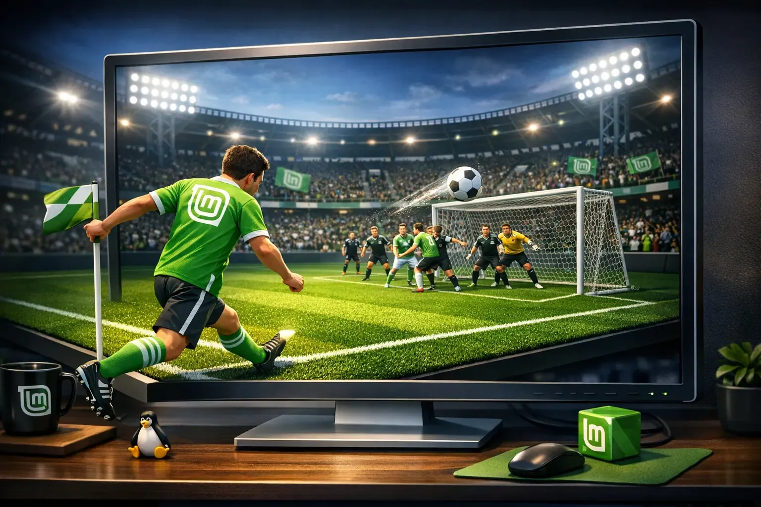 Un jugador del equipo Linux Mint ejecuta un saque de esquina sobre una cancha que es la pantalla de una computadora.