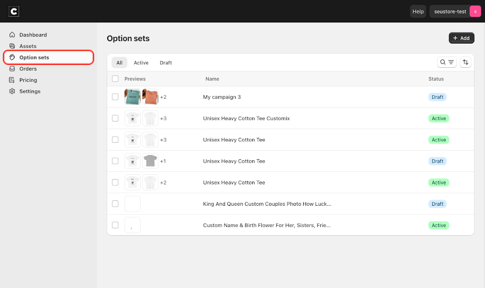 Option sets in the sidebar navigation