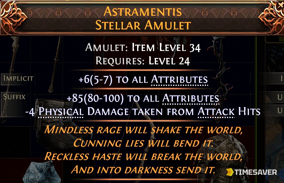 PoE2 Astramentis Stellar Amulet tooltip — the +all attributes stat stick every hybrid and attribute-stacking build wants.