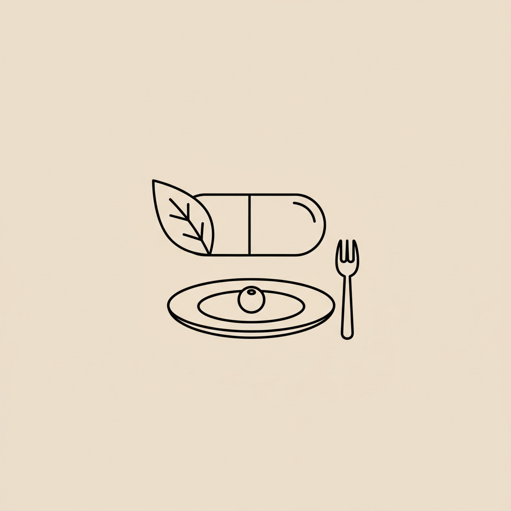 Minimalist line illustration of a capsule, leaf, plate with fork and single berry on a beige background representing belly fat supplements