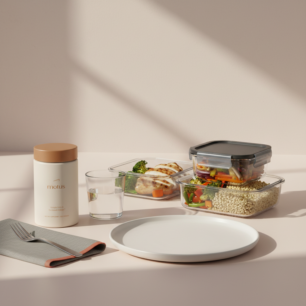 Tonum Motus jar beside meal-prep containers with grilled chicken, roasted vegetables and quinoa on a sunlit kitchen table, promoting a 14 day metabolism reset